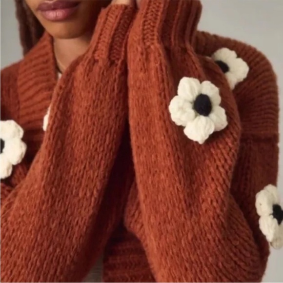 Anthropologie Maeve Susannah 3D Floral Chunky Knit Sweater Cardigan One Size - Picture 7 of 14
